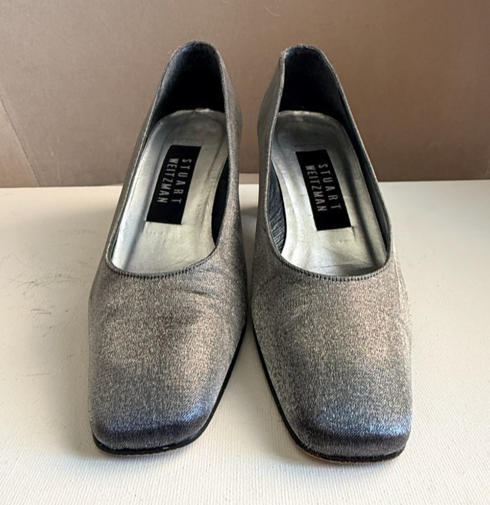 Stuart Weitzman Metallic Pewter Silver Square Toe Pumps Heels Women's 5.5 B